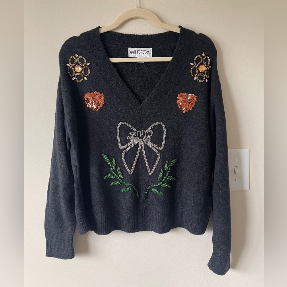 Wild Fox Embellished V-neck Sweater